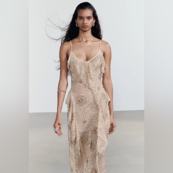 NET ZARA SHIMMERING RUFFLED MIDI DRESS - Picture 7 of 13